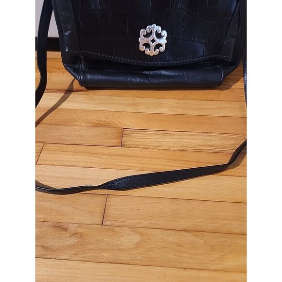 Brighton Black Leather Crossbody Bag Embossed Croc Organizer Silver Clasp - Picture 3 of 15